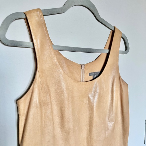 VINCE 100% Lamb Leather Sleeveless Tank Front Pocket Mini Shift Dress Tan Size 2 - Picture 5 of 15